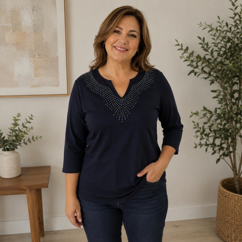 Lee & Nicole Womens Top Blue Embellished V Neck 3/4 Sleeve Tunic Top Size XL